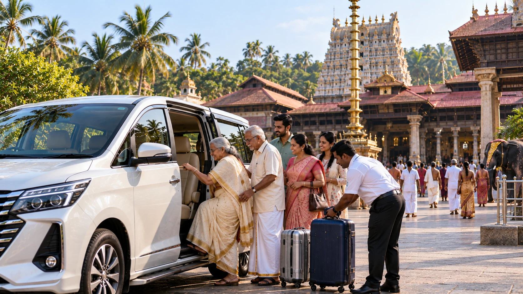 Senior citizens and family pilgrimage by cab